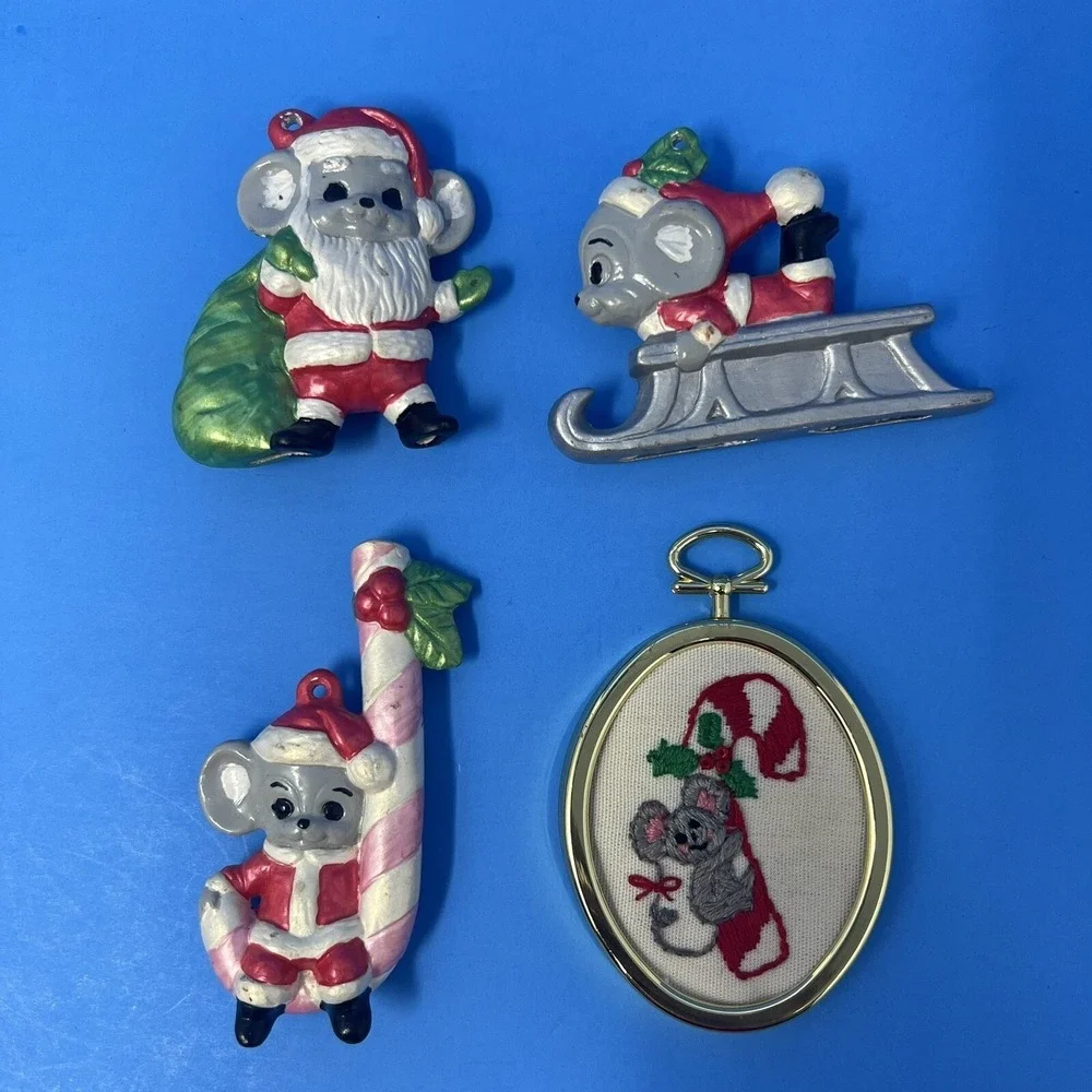 Vintage Christmas Mouse Mice Ceramic Ornaments Hand Painted Lot of 4 Collectible